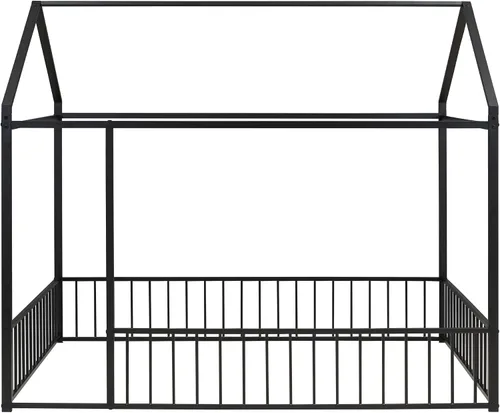 Miniatura 5 de Cama de metal de tamaño matrimonial con valla para niños, adolescentes, niñas, niños, cama de piso de casa, camas Montessori, se puede decorar marco