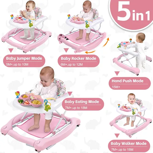 Miniatura 2 de Andador de actividades plegable 5 en 1 para bebé, balancín, centro de actividades, gorila, caminador de asiento, caminador de empuje, ruedas Rosa