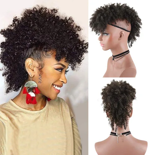 Miniatura 15 de Aisaide Cola de caballo afro Mohawk alta con flequillo sin cordón, extensión de cola de caballo corta rizada sin cordón, clip sintético en moño