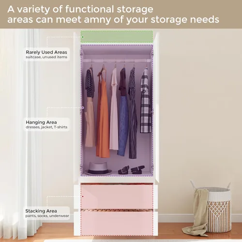 Miniatura 5 de Armario de madera con 2 puertas, armario de dormitorio de 79 pulgadas con 2 cajones, armario para ropa con barra para colgar y estantes, armarios