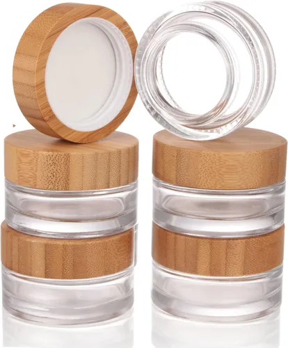 COSIDEA 5 tarros vacíos de vidrio transparente redondos de 1 onza/1.06 oz con tapas de bambú, tarro de crema de bambú, recipientes de viaje