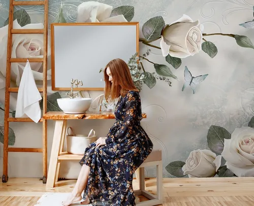Miniatura 4 de Murwall Floral Wallpaper Cream Rose Wall Mural 3D Photo Nordic Flower Wall Print Living Room Bedroom Entryway Cafe Design