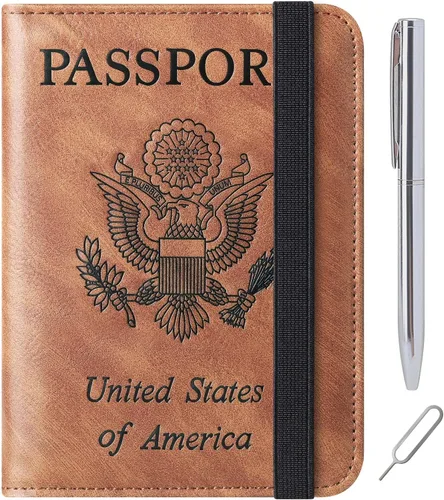 Miniatura 11 de Funda para pasaporte, cartera, artículos esenciales de viaje, de cuero, estuche con bloqueo RFID, equipaje de vacaciones, artículos imprescindibles