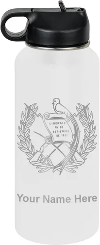 Miniatura 31 de LaserGram Botella de agua personalizada, bandera de Guatemala, acero inoxidable de doble pared aislada al vacío con popote superior, regalo grabado