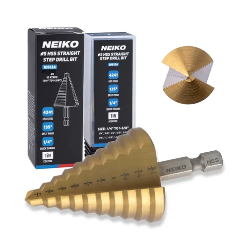 Miniatura 31 de NEIKO 10602A Step Drill Bit, 13 Steps 1/8" to 1/2" Spiral High Speed Steel, Titanium Nitride Coated, 1/4" Quick Change Step Bits for Steel, Metal