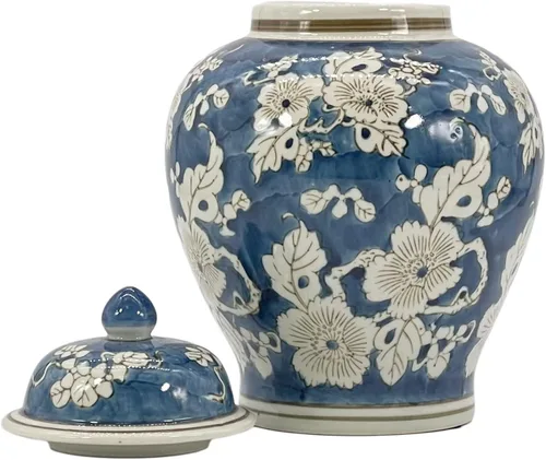 Miniatura 5 de Galt International Tarro de jengibre chinoiserie de flores azules y blancas de 12 pulgadas con tapa de jengibre, tarro decorativo de almacenamiento