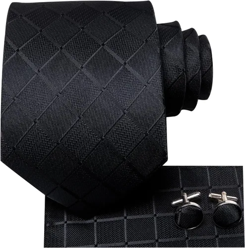 Miniatura 212 de Hi-Tie Corbata clásica de cachemira para hombre con pañuelo y gemelos a cuadros