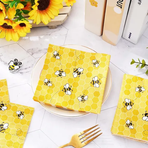 Miniatura 3 de Whaline Servilletas de cóctel de abeja de verano, servilletas de papel desechables de panal de abeja amarillas para el día de la abeja, cumpleaños