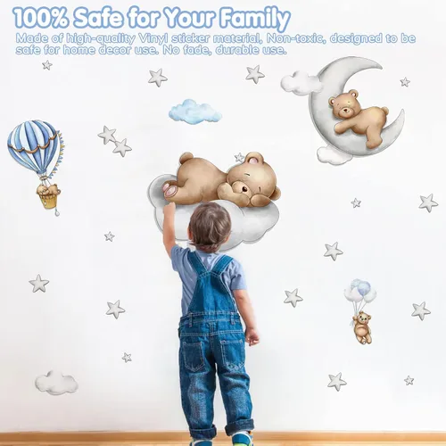 Miniatura 3 de Calcomanías de pared de oso lindo durmiendo en la luna de nubes, calcomanías de pared de oso bebé, calcomanías de pared removibles de hadas, mural