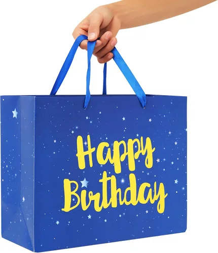 Miniatura 6 de Qirrmiy Juego de bolsa de regalo azul grande de 13 pulgadas con tarjeta de felicitación y papel de seda (estrellas y lámina dorada, feliz (L)Azul