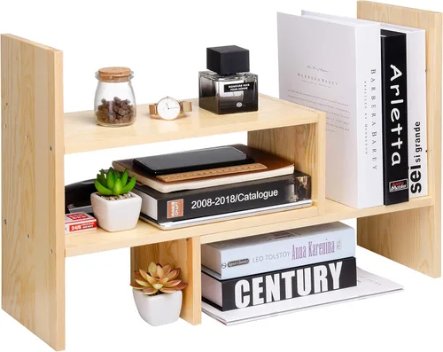 Organizador de escritorio, estante de almacenamiento de oficina, ajustable, de madera natural, estante para libros, organizador de escritorio,