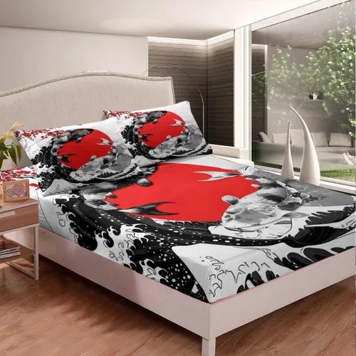 Miniatura 3 de Juego de sábanas estilo japonés Mount Fuji con diseño de peces koi, tema Ukiyo-E, sábana ajustable con pintura de tinta roja de cerezo de montaña