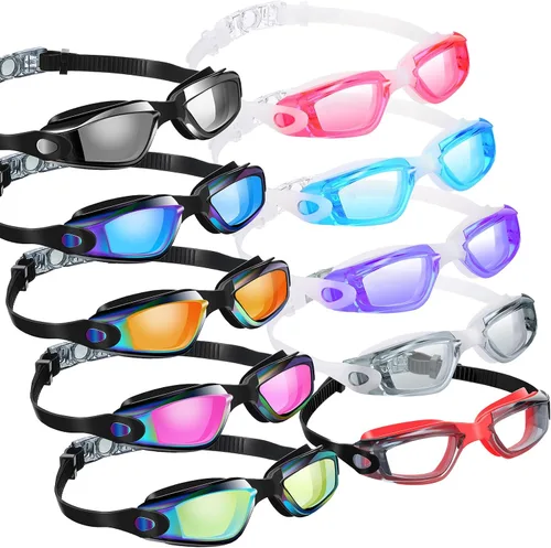 Miniatura 14 de Konohan Paquete de 10 gafas de natación a granel para niños y adultos, gafas de piscina antivaho de silicona sin fugas, gafas de natación