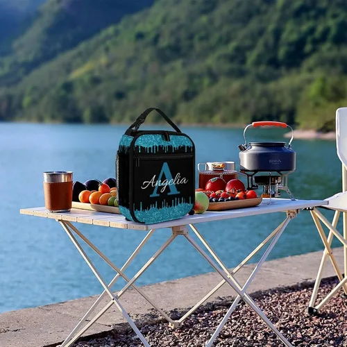 Miniatura 8 de Bolsa de almuerzo con nombre personalizado para hombres y mujeres, con monograma de purpurina azul, hielera, portátil, con nombre, para niñas, azul