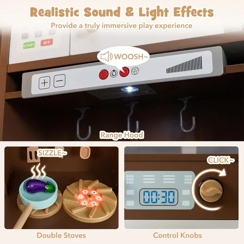 Miniatura 4 de Costzon Juego de Cocina de Esquina, Set de Juguetes de Cocina con Luces y Sonidos Reales, Refrigerador Grande, Máquina de Hielo, Horno, Microondas