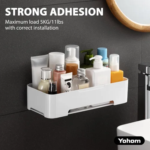 Miniatura 7 de YOHOM Estante adhesivo de ducha para pared de baño, soporte de champú de plástico para almacenamiento de ducha, cesta blanca
