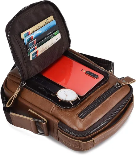 Miniatura 2 de BAIGIO Bolso de mensajero pequeño de cuero genuino para hombre, bolso de hombro para Ipad, bolso cruzado para hombre, bolso de viaje de negocios
