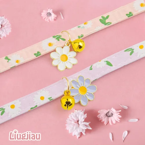 Miniatura 7 de Paquete de 2 Collares Separables de Algodón para Gatos con Campana y Pendientes de Flores Rosas y Moradas Lindo Collar para Gatito Adecuado
