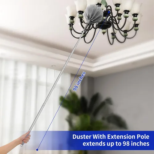 Miniatura 6 de Plumero de telaraña con poste de extensión de 30 a 100 pulgadas (acero inoxidable), plumero de microfibra para limpieza, plegable y lavable, se