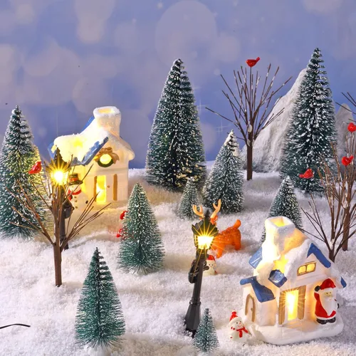 Miniatura 3 de Namalu Juego de 34 Piezas Casas de Pueblo Navideño, Juego de Accesorios Mini Árboles de Navidad, Santa, Muñeco de Nieve, Lámparas de Calle