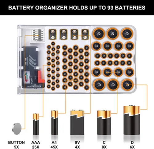 Miniatura 3 de Caja de almacenamiento organizadora de baterías con probador, tapa transparente, organizador de batería, soporte para 93 baterías, caja