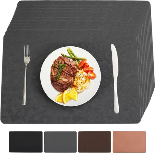 Miniatura 36 de Juego de 6 manteles individuales de vinilo, resistentes al calor, fáciles de limpiar, antideslizantes, para mesa de comedor, piel sintética, Negro