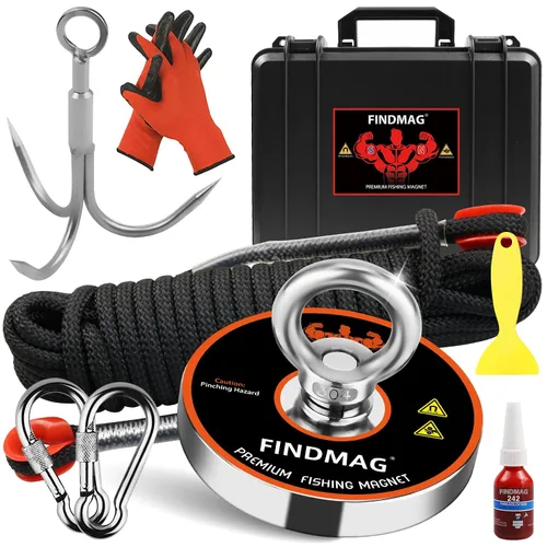 Miniatura 12 de FINDMAG - Kit de pesca con imán con estuche, imanes de pesca de 1000 libras, fuerza de tracción, imán redondo de neodimio súper fuerte para uso