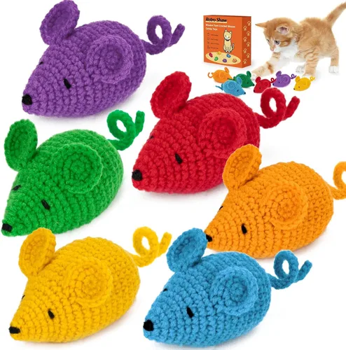 Retro Shaw Juguetes de hierba gatera de ganchillo, 6 piezas de hilo para pezón de gato, ratones seguros para limpieza de dientes, juguete masticable