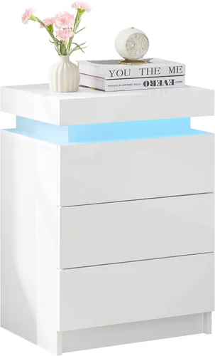 Miniatura 11 de TUKAILAi Mesita de noche con luz LED, moderna mesita de noche negra con tapa abatible, mesita de noche pequeña con 3 cajones de madera, mesa