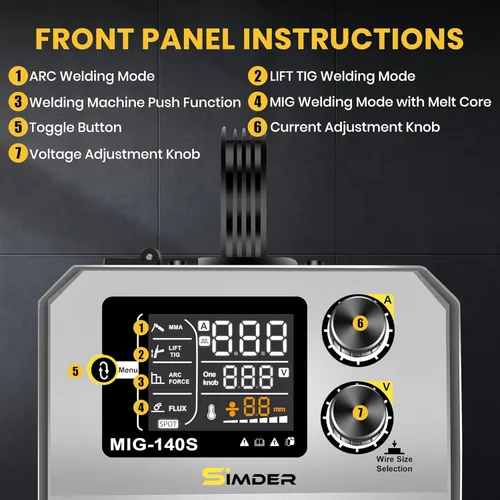 Miniatura 6 de SSimder - Soldador MIG de 140 A con pulso de 110 V, 220 V, núcleo de flujo/elevación TIG/Stick 3 en 1, temporizador SPOT, inversor IGBT