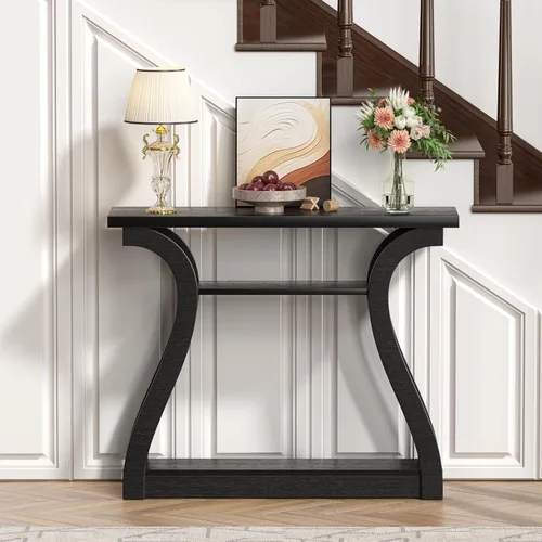 Miniatura 5 de Mesa consola de madera con patas curvadas y estante, mesa de sofá moderna de 3 niveles para zona de entrada, sala de estar, pasillo, 47 pulgadas