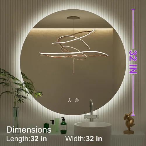 Miniatura 8 de Espejo de baño LED redondo de 32 pulgadas con luz, 3 temperaturas de color (3000 K/4500 K/6000 K), antiniebla, retroiluminación regulable, espejo