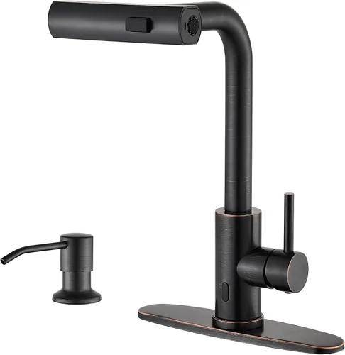 Miniatura 12 de AVSIILE Grifos de cocina en cascada de color negro mate con rociador desplegable y dispensador de jabón, un solo orificio y mango, grifo extraíble