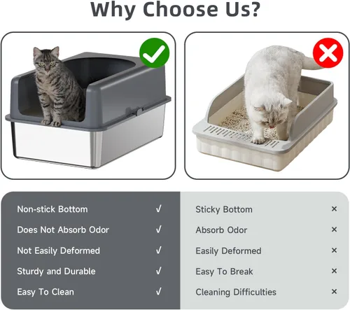 Miniatura 6 de Booche Caja de arena de acero inoxidable para gatos de alta cara, caja de arena de acero inoxidable con tapa, bandeja de arena de metal extragrande