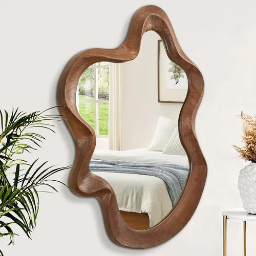 Miniatura 21 de Espejo asimétrico para decoración de pared, grande, moderno, ondulado, con marco de madera, espejo de pared con forma única montado en pared