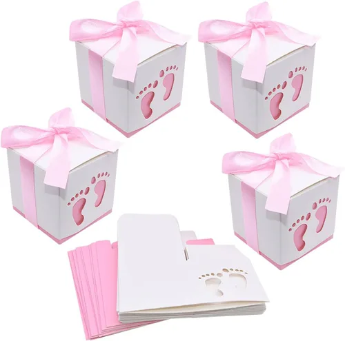 Miniatura 3 de 50 cajas de recuerdo de fiesta de baby shower, diseño de huellas, cajas de regalo para niños, cumpleaños, baby shower, invitados, boda, fiesta, Rosa