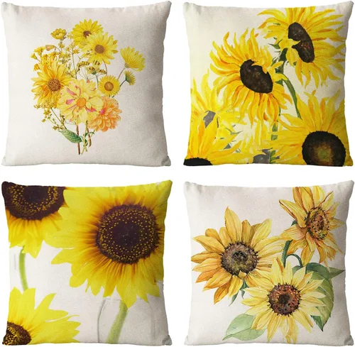 Miniatura 9 de Juego de 4 fundas de almohada decorativas de girasol de 12 x 12 pulgadas, fundas de almohada cuadradas de lino, fundas de almohada cuadradas de lino