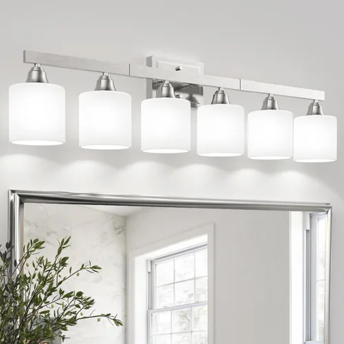 Miniatura 10 de VOLISUN Accesorios de iluminación de baño de níquel cepillado, 4 luces de cambiador de baño sobre espejo, lámpara de tocador moderna para baños