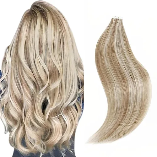 Sixstarhair Extensiones de cabello con cinta adhesiva, color marrón claro, mezclado con rubio ceniza, sin costuras, lacio, 18 pulgadas, 1.76 onzas