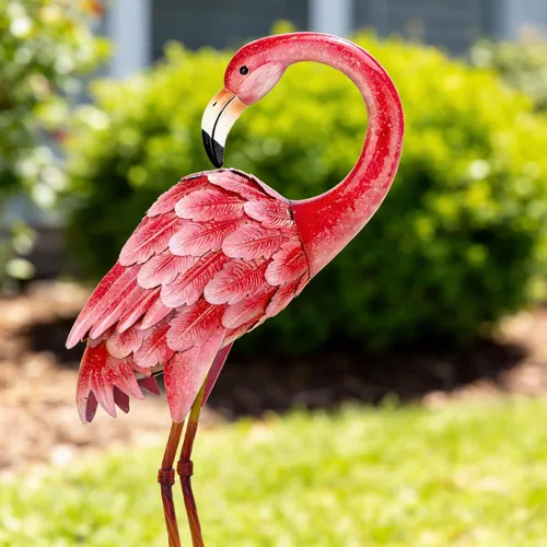 Shorayn Estatuas de jardín, esculturas de flamenco, arte de metal para patio, arte de pájaro rosa, decoración de patio trasero al aire libre, patio,
