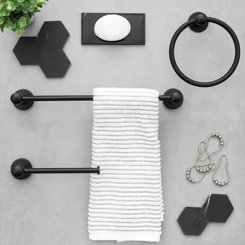 Miniatura 3 de Ilyapa Juego de accesorios de baño negro, juego de 3 piezas para montaje en la pared, barra para toallas, soporte para papel higiénico, anillo