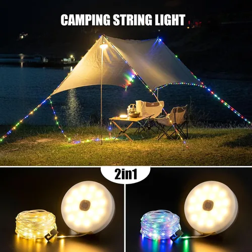 Miniatura 2 de Cadena de luces solares para campamento, 4 en 1, cadena de luces para acampar al aire libre (39.4 pies) con 8 modos de iluminación, funciona
