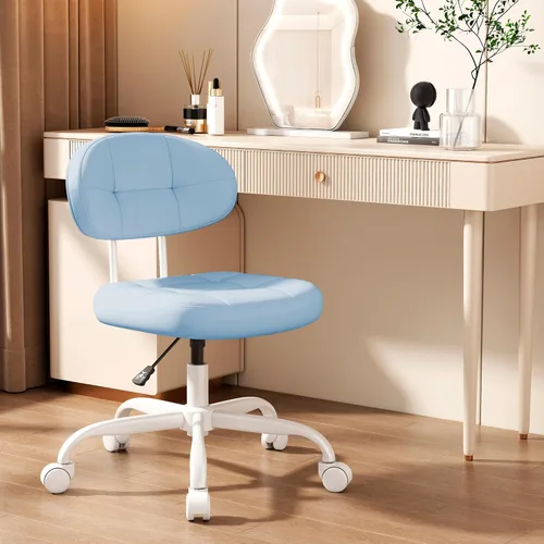 Miniatura 11 de Misolant Silla de tocador con respaldo, pequeña silla de oficina sin brazos con ruedas y soporte lumbar, cómodas sillas de escritorio de piel Blanco