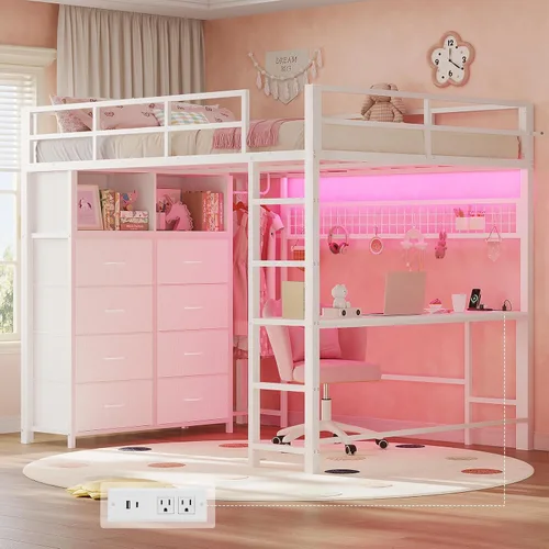 ADORNEVE Cama elevada tamaño completo con escritorio y 8 cajones de almacenamiento, cama tipo loft de metal con toma de corriente LED, 2 estantes y