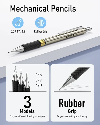 Miniatura 3 de Nicpro - Juego de lápices mecánicos dorados, 3 lápices metálicos de dibujo de 0.01 pulgadas, 0.02 pulgadas y 0.03 pulgadas, y 3 lápices con minas