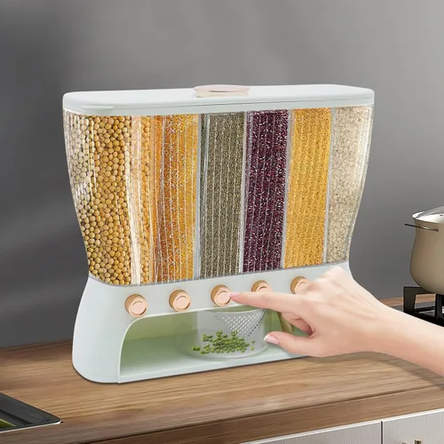 Miniatura 4 de Dispensador de alimentos secos, dispensador de cereales para encimera, 6 rejillas, dispensador de arroz de 22 libras, almacenamiento de cocina