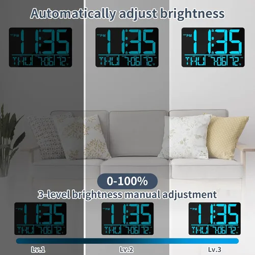 Miniatura 4 de PERSUPER Reloj de pared digital de 13 pulgadas con control remoto, 25 tonos de llamada, temperatura, calendario, 0-100% brillo automático