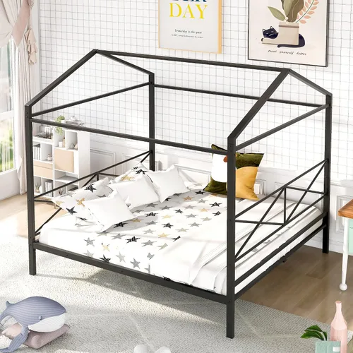 Miniatura 8 de Cama de metal simple con base de tablillas, cama de plataforma tamaño Queen con techo y cabecero, para niños, adolescentes, niños, niñas, uso
