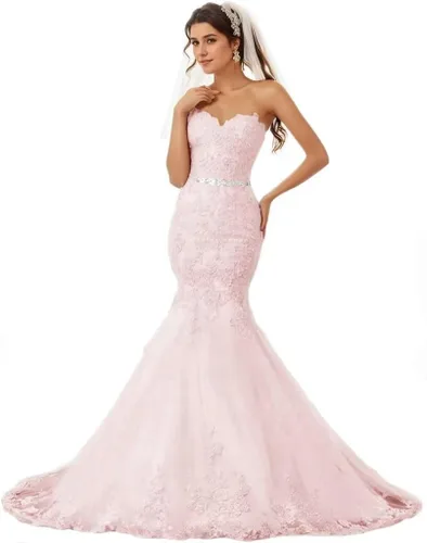 Miniatura 45 de Vestido de novia formal sin tirantes con encaje, largo de sirena para mujer 2019 WD162