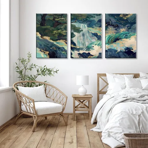 Miniatura 4 de 3 piezas de lienzo japonés enmarcado para pared, pintura de paisaje de cascada grande, póster impreso en lienzo envolvente, obra de arte